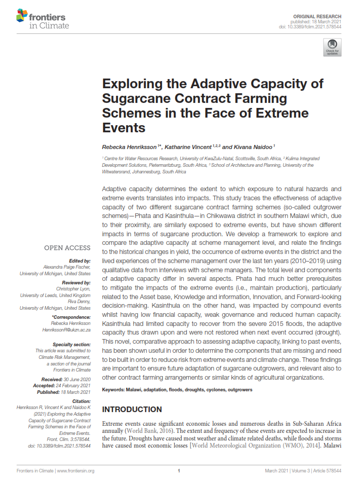 “Exploring the adaptive capacity of sugarcane contract farming schemes in the face of extreme events” New paper with inputs from Kulima